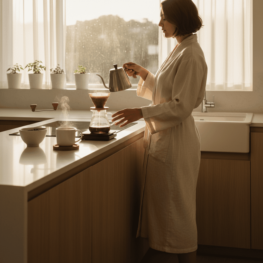 Morning Routine with Mushroom Coffee - Sunlit kitchen preparation