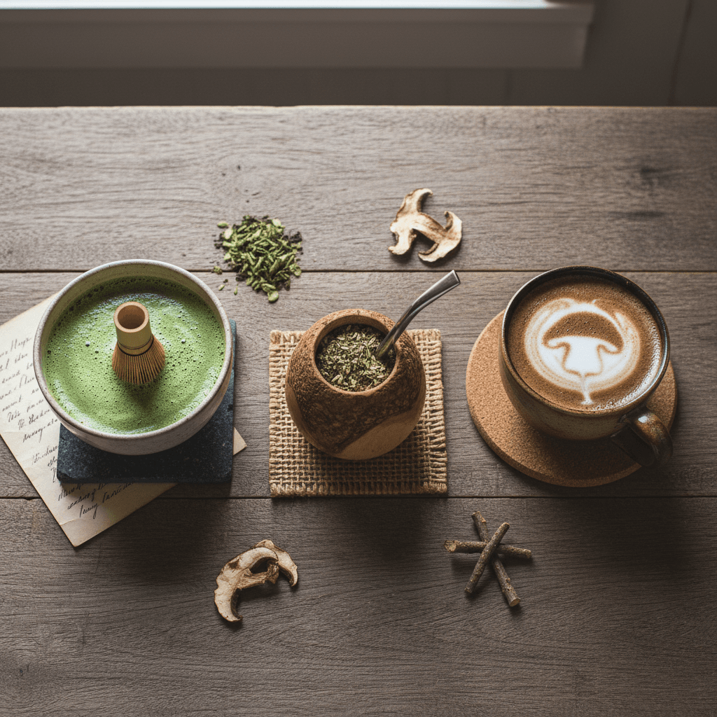 Mushroom Coffee vs Matcha vs Yerba Mate - Three beverages comparison