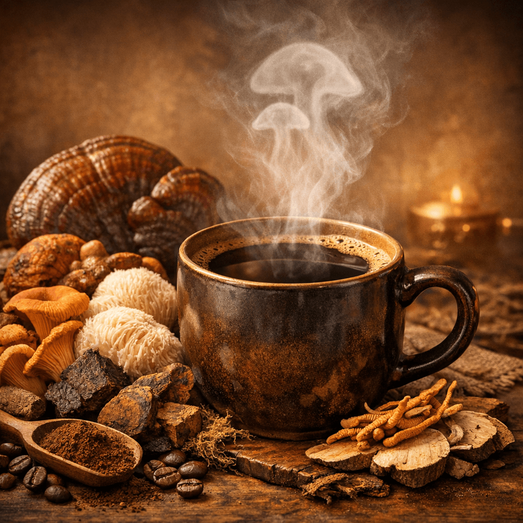 Steaming mushroom coffee cup with reishi and lion's mane - caffeine content guide