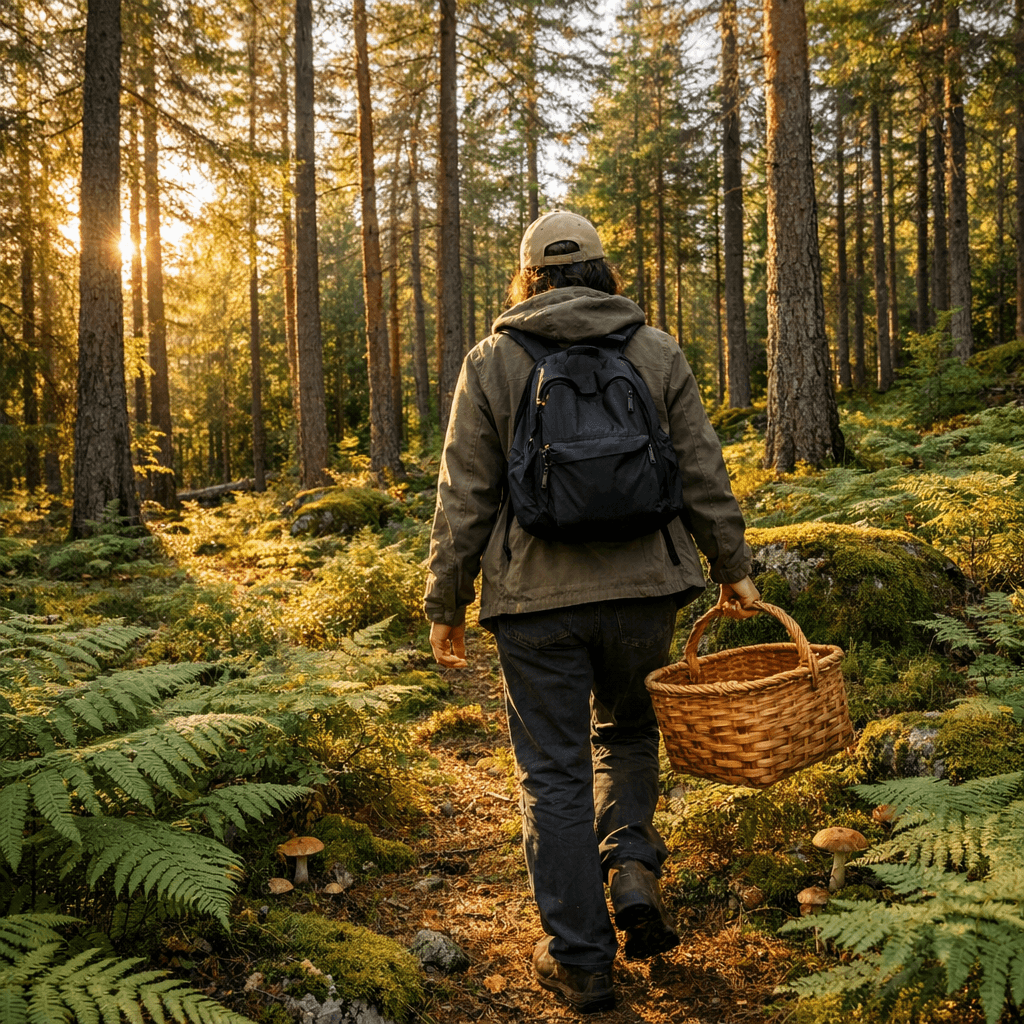 Forager walking through Canadian forest with basket - best mushroom coffee brands guide