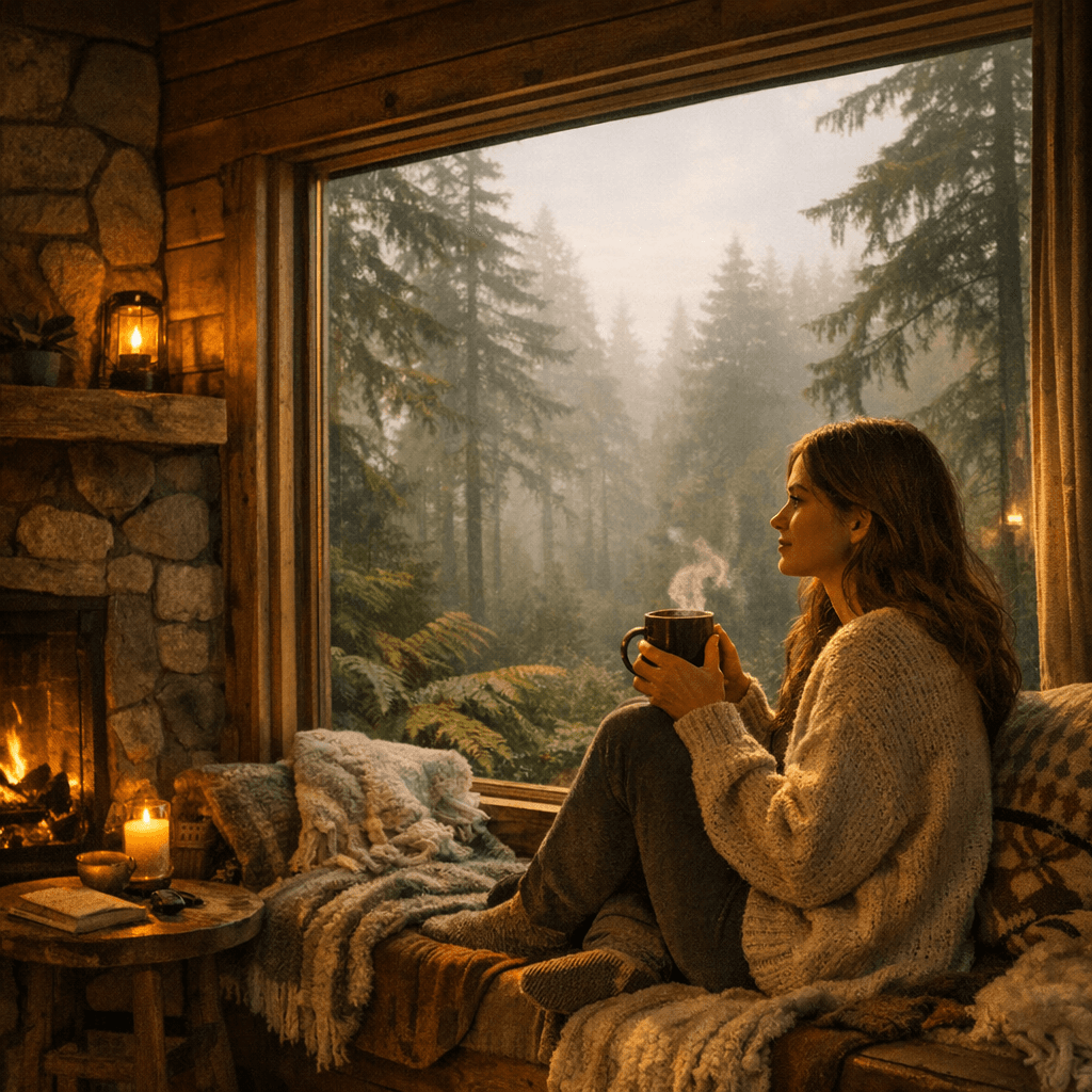 Woman enjoying coffee by cabin window - mushroom coffee during pregnancy guide