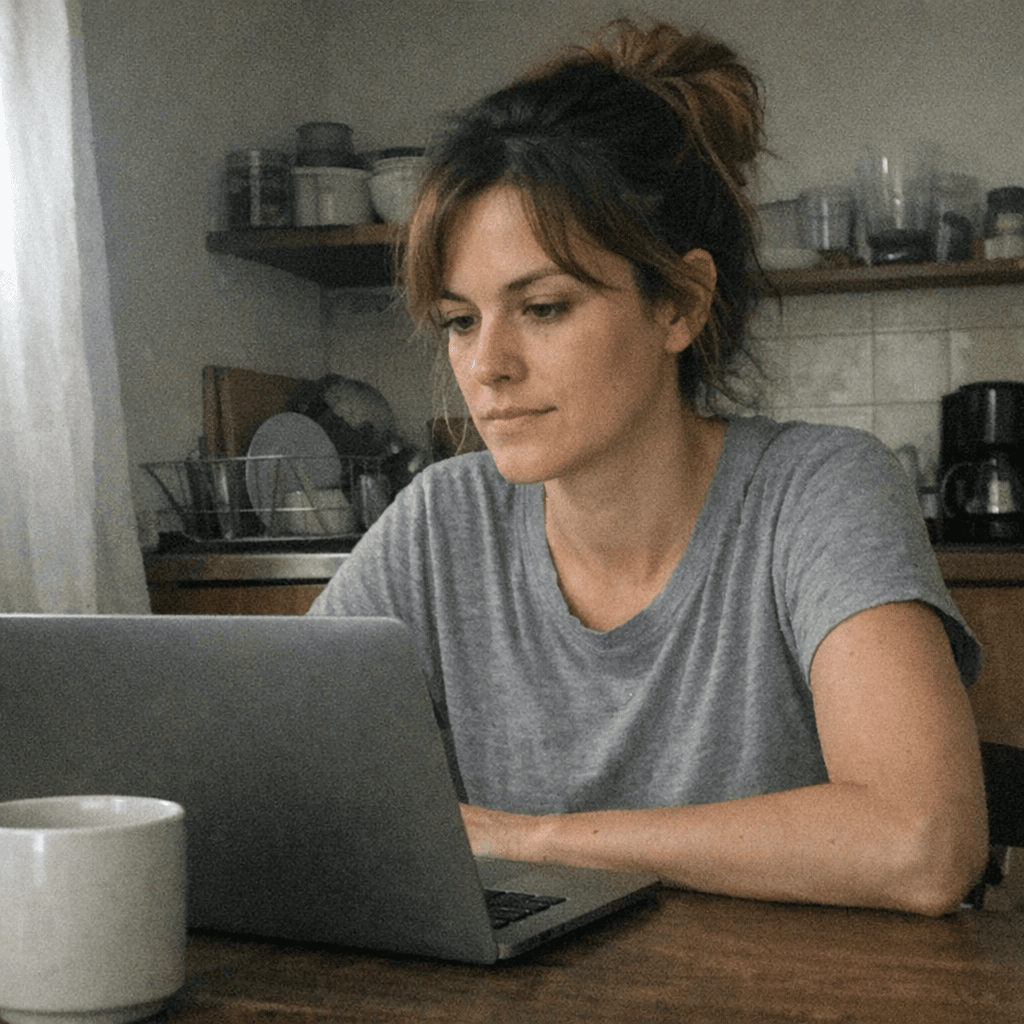 Woman focused at laptop with morning coffee - beating afternoon energy crash