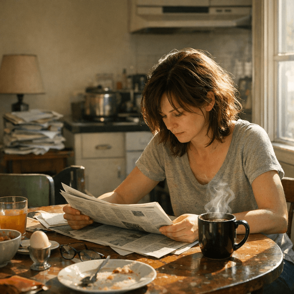 Woman reading newspaper at breakfast table with morning coffee - routine guide