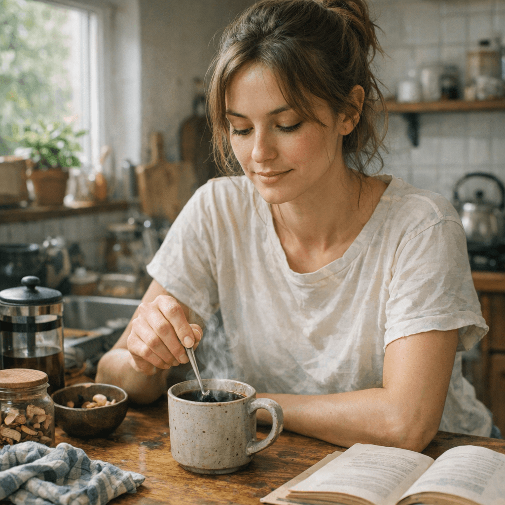 Woman peacefully stirring coffee at kitchen table - anxiety and stress relief guide
