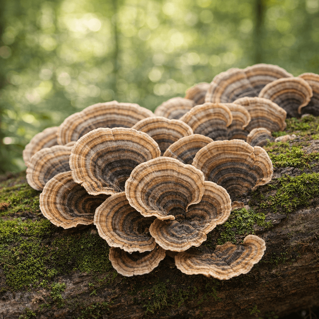Turkey tail mushroom cluster on mossy log - immune support guide