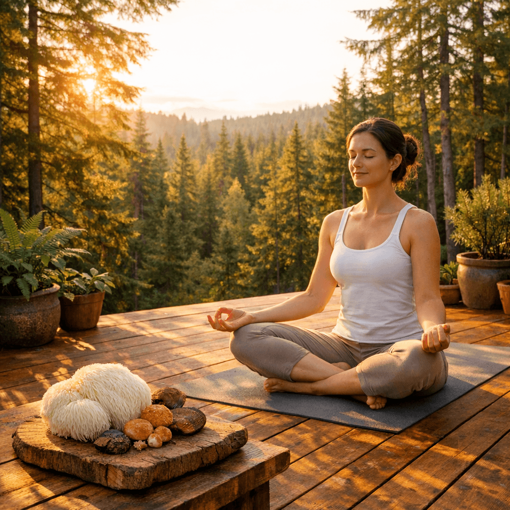 Woman meditating on deck with lion's mane mushrooms - daily ritual guide