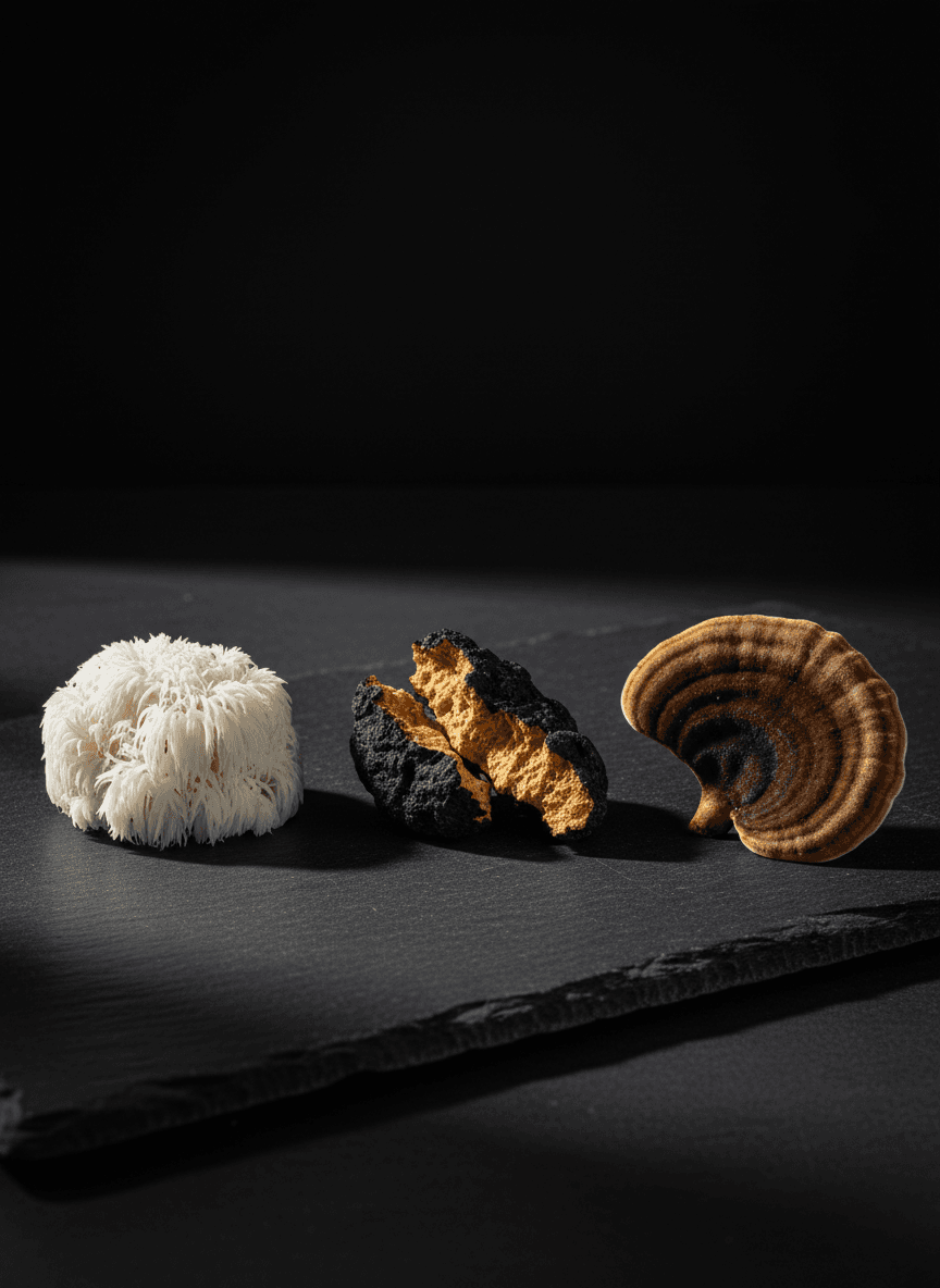 Lion's Mane, Chaga, and Turkey Tail mushrooms with extract powder
