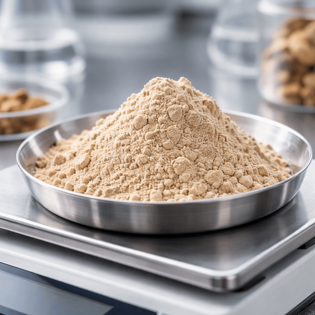 Mushroom extract powder being precisely measured on a professional scale at Shyne production facility
