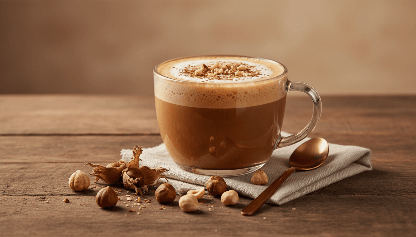 Hazelnut latte with crushed nuts