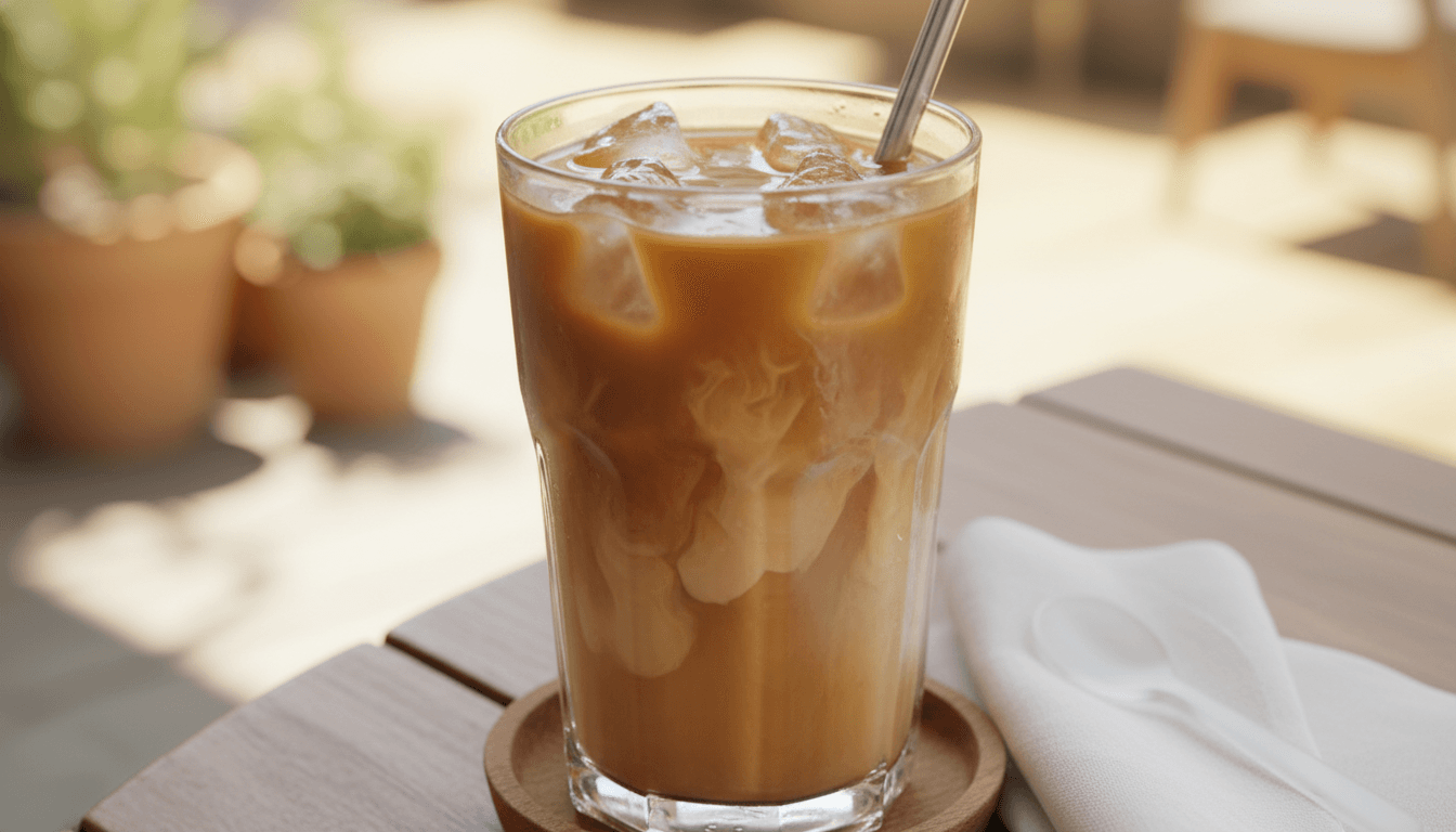 Tall glass of iced coffee with ice cubes
