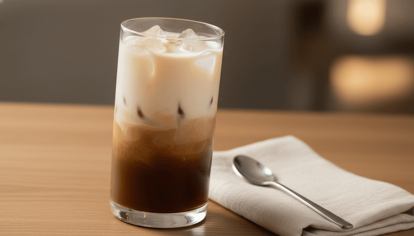 Layered iced latte in tall glass