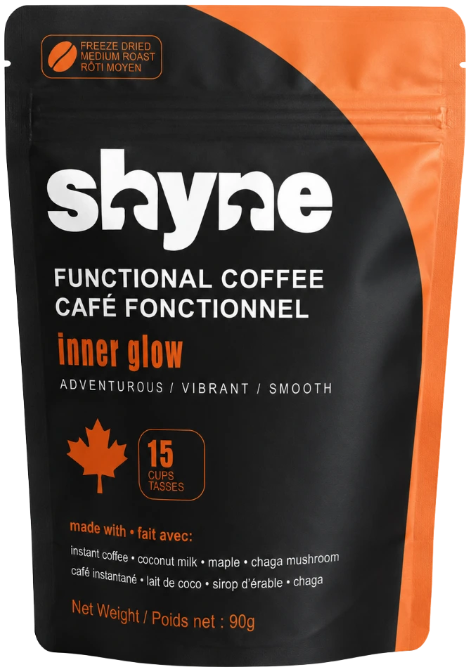 Shyne Inner Glow — Chaga mushroom coffee pack, freeze-dried instant, made in Canada