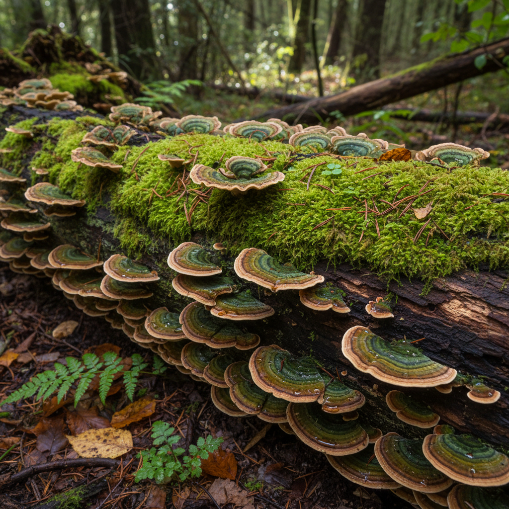 Turkey tail mushroom cluster on mossy log in forest