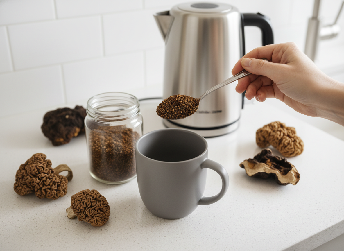 Preparing instant mushroom coffee in the kitchen