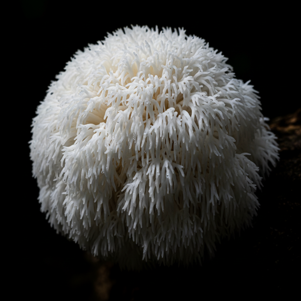Lion's Mane mushroom close-up showing distinctive white tendrils