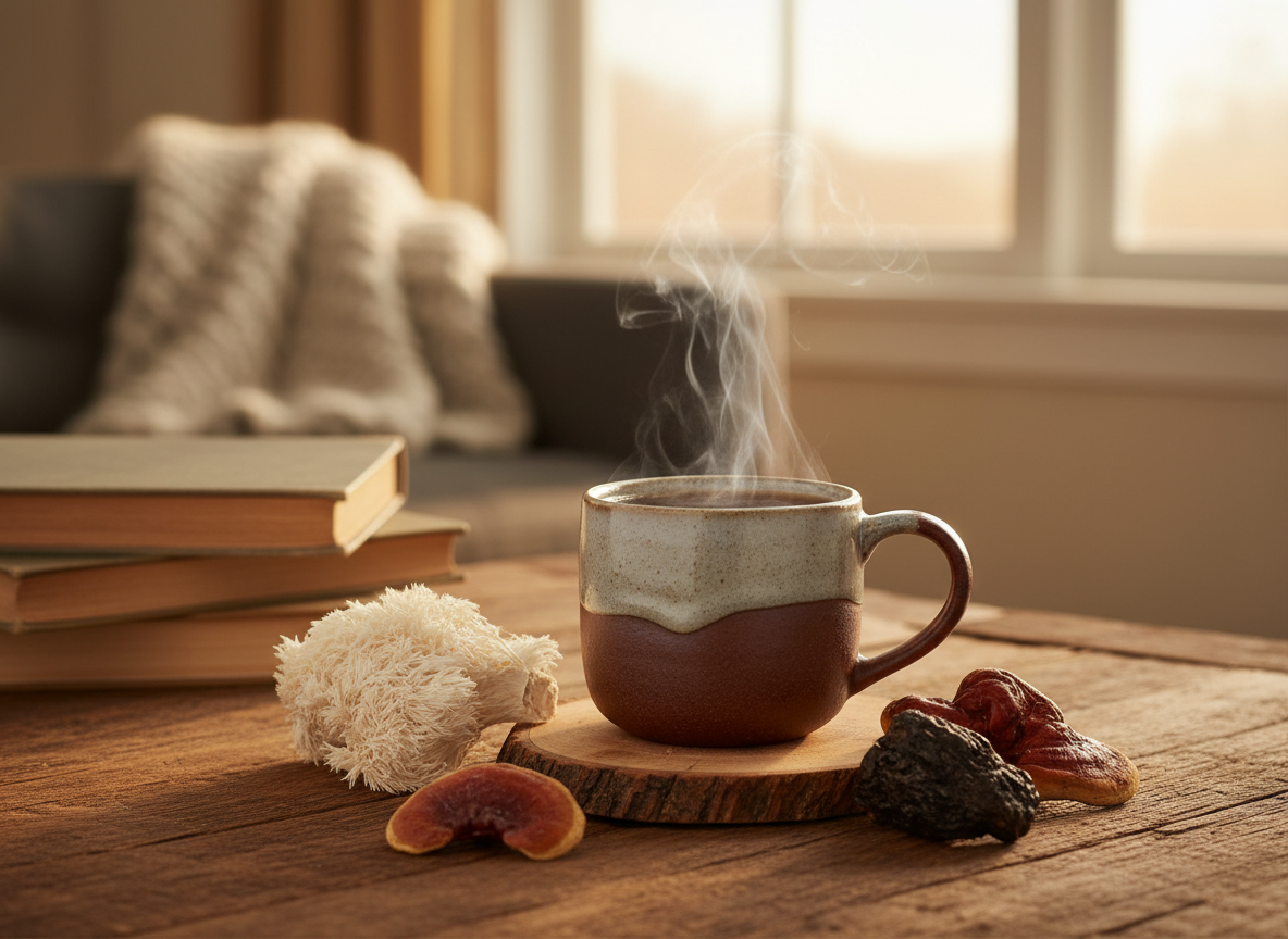 Lions mane chaga supplement bags with Canadian mountains and free shipping badge