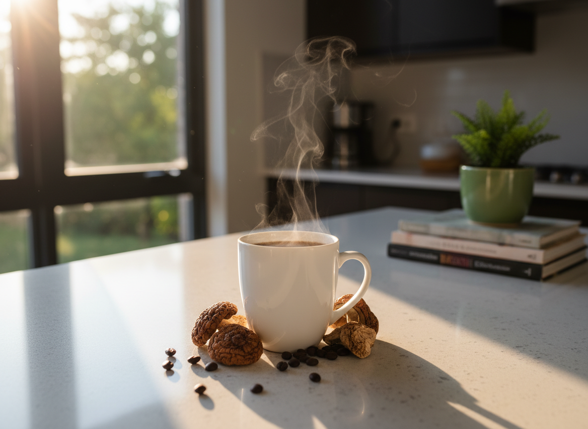 A steaming cup of mushroom coffee on a kitchen counter in morning light