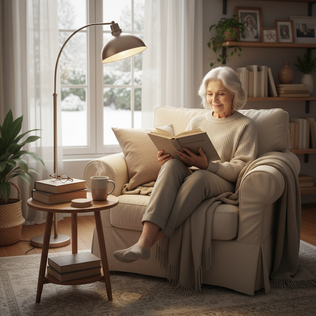 Senior enjoying mushroom coffee in a cozy reading corner