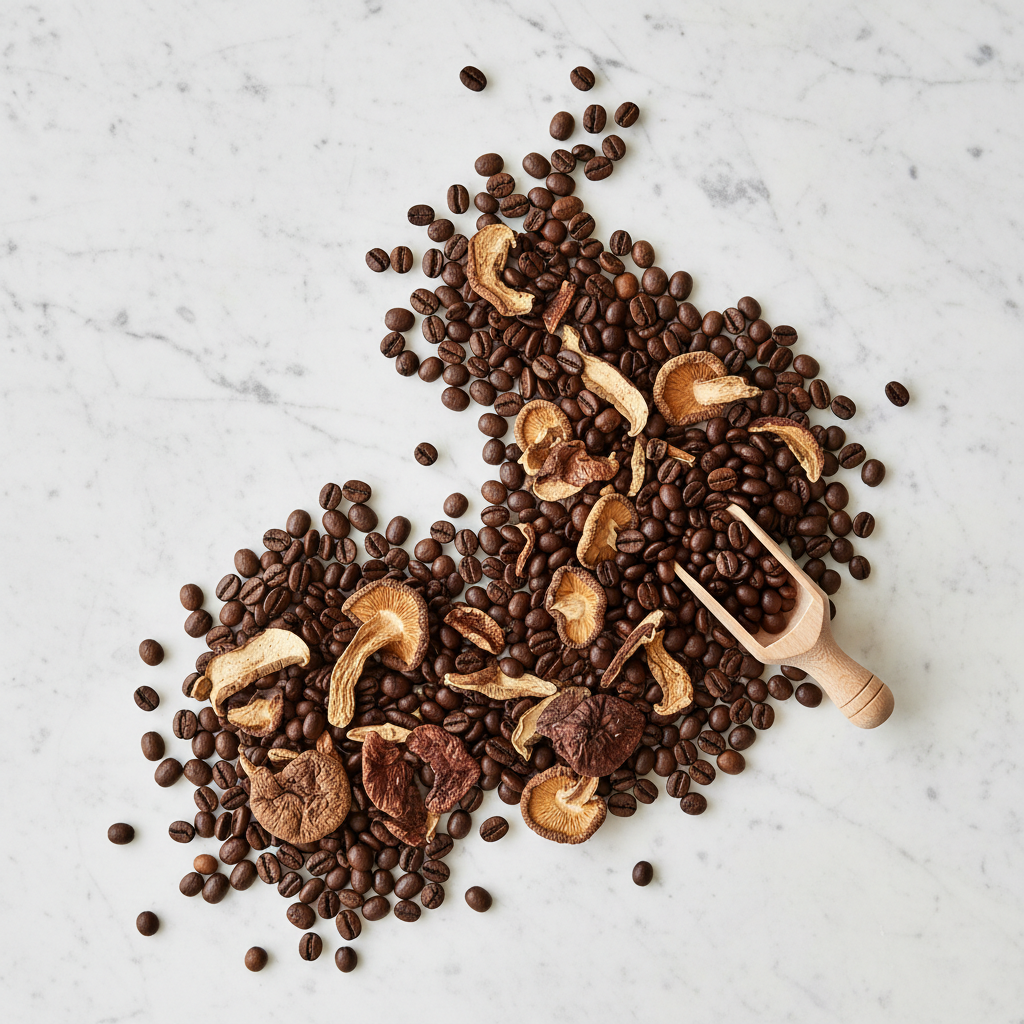 Coffee beans and mushrooms side by side