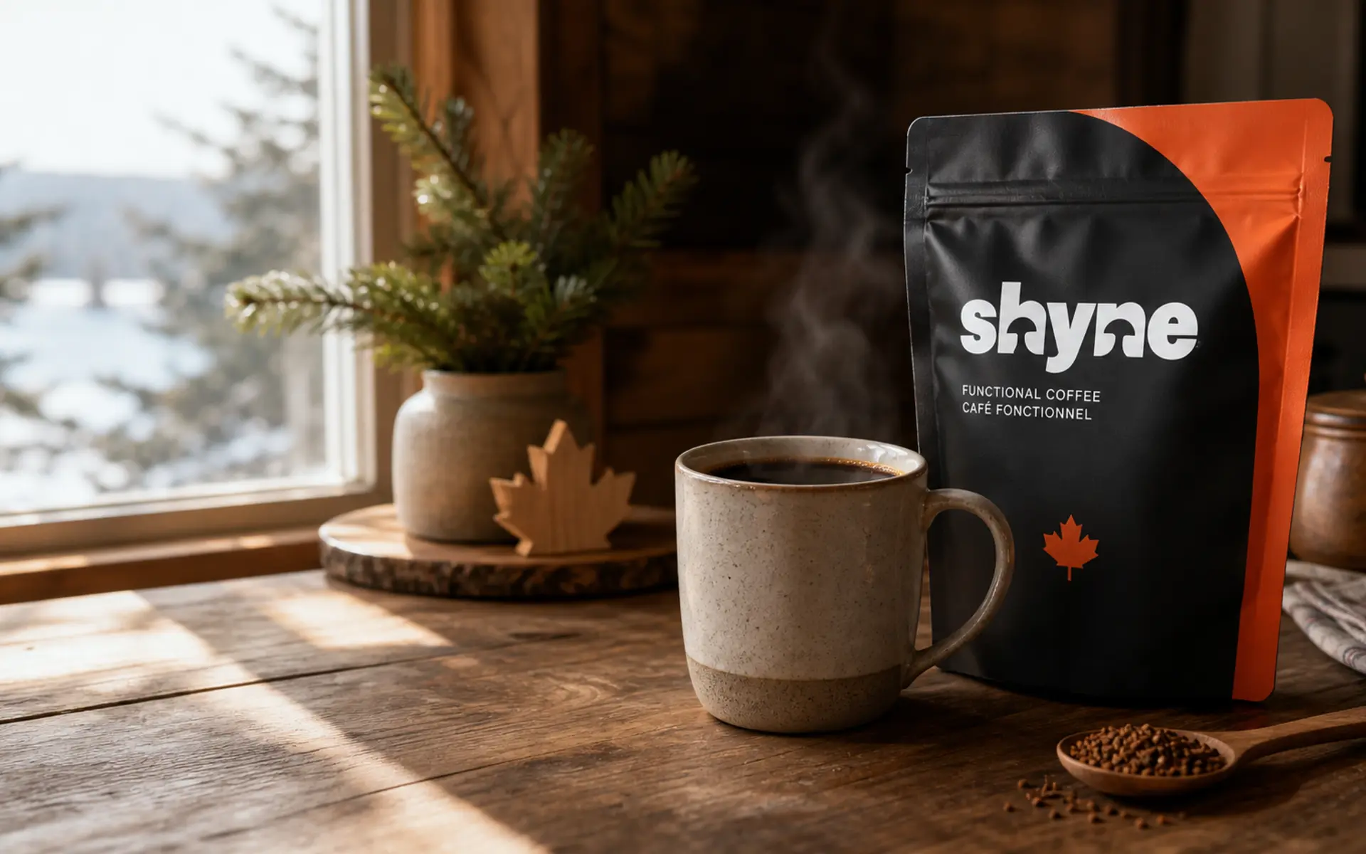 Shyne freeze-dried instant mushroom coffee beside a steaming mug in a Canadian cabin kitchen