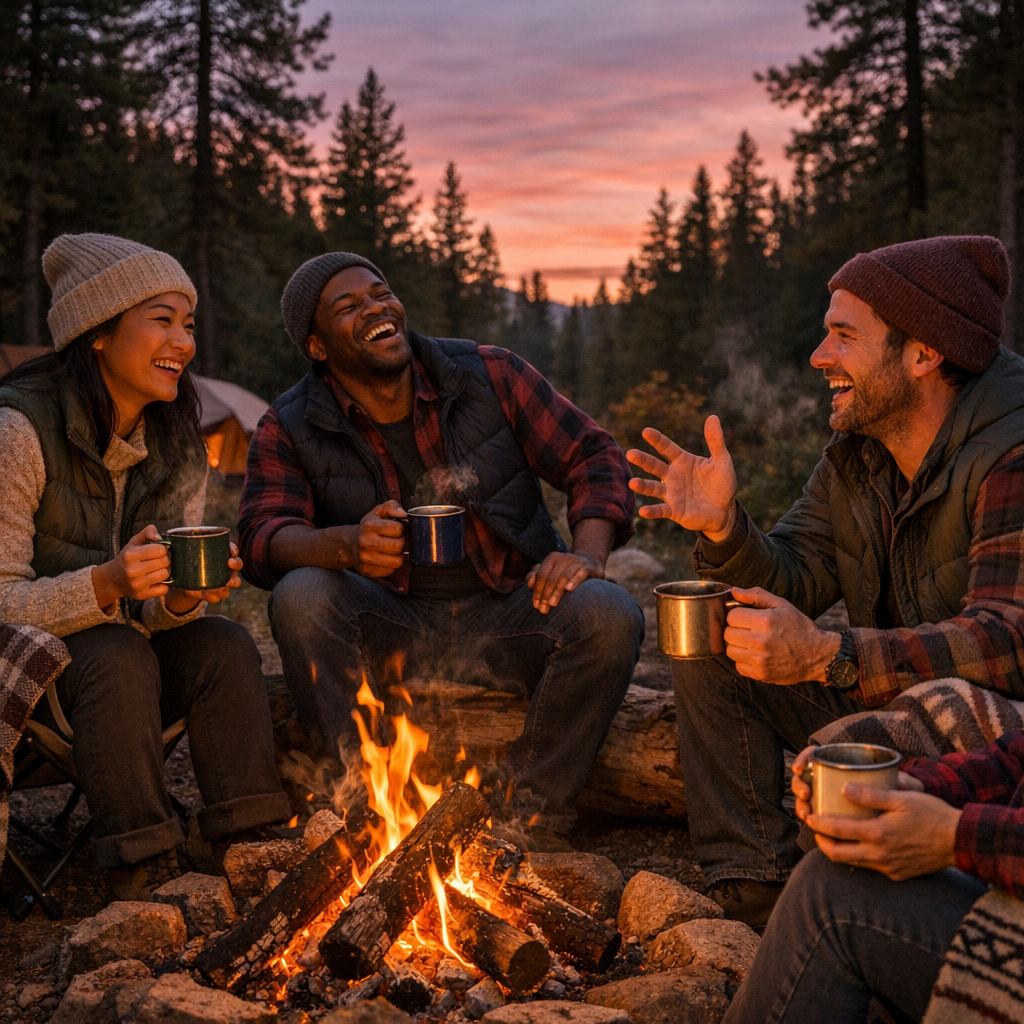 Campfire friends with coffee mugs at sunset - social wellness