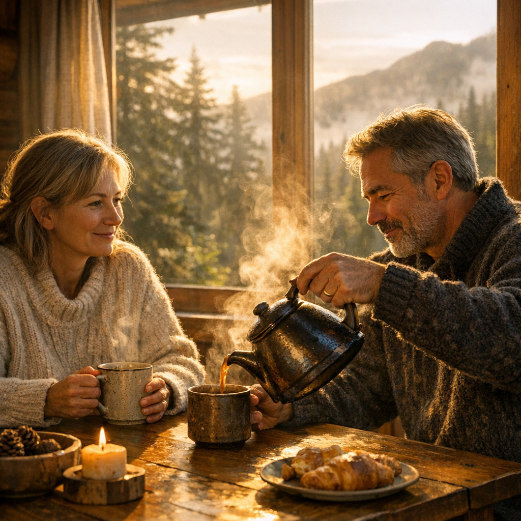 Couple enjoying coffee at cabin with mountain view in golden hour light