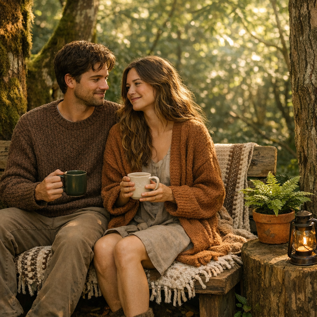 Couple on forest bench with coffee mugs lantern in cozy romantic setting