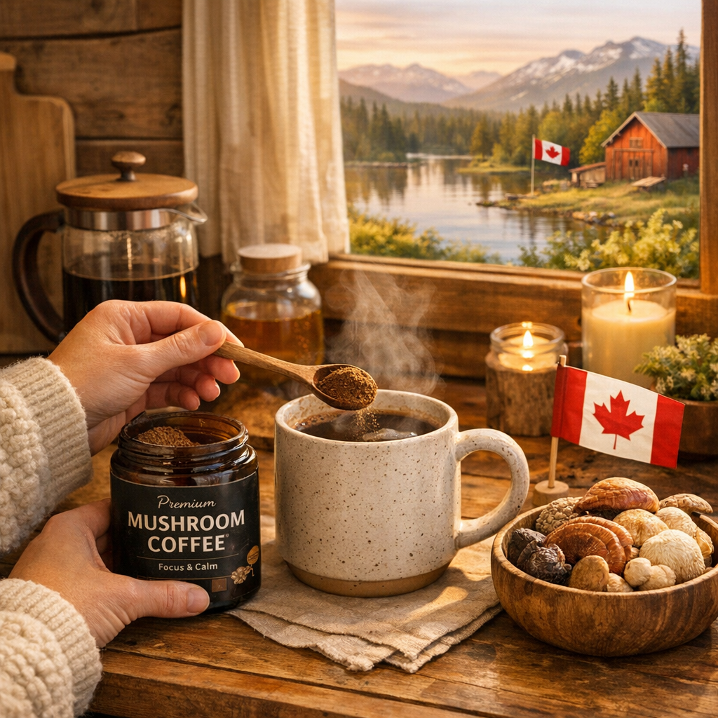 Mushroom coffee preparation with spoon in Canadian cabin lake cozy setting