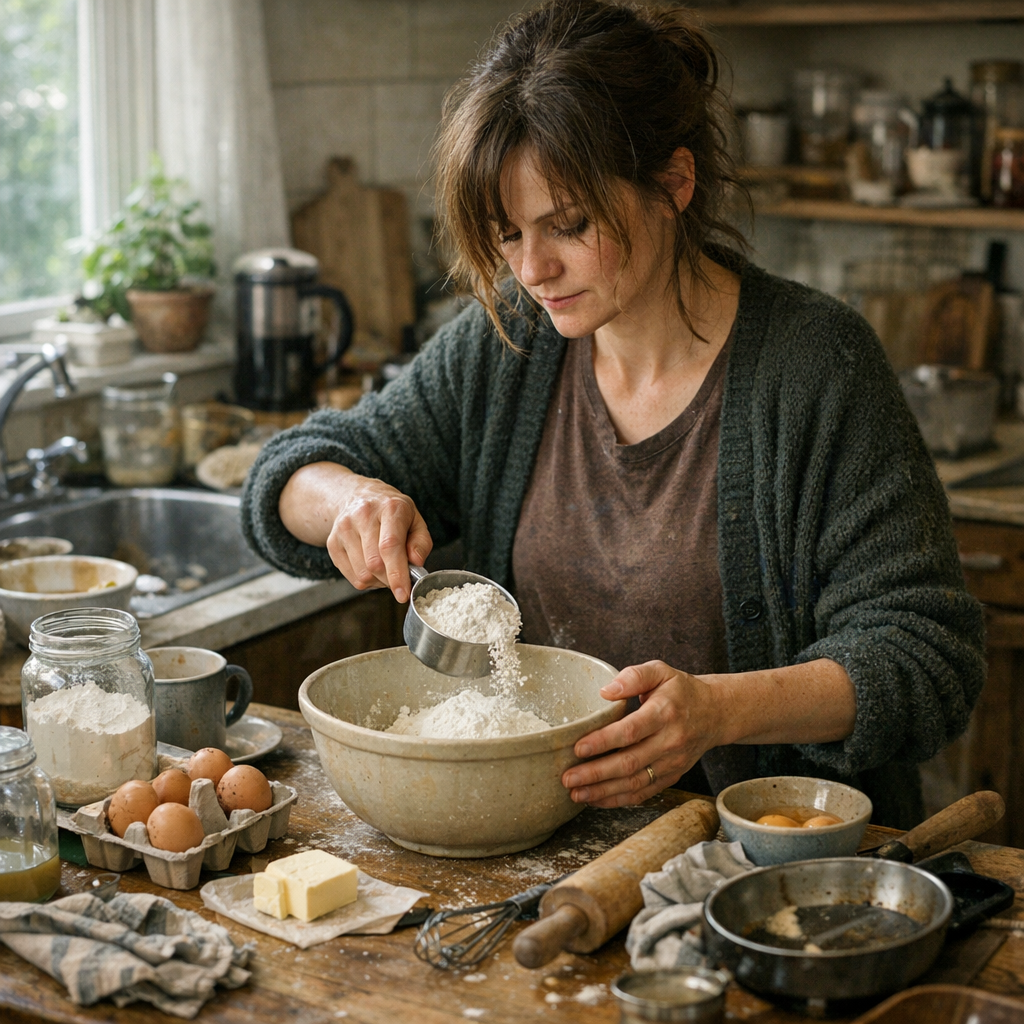 Woman baking in rustic farmhouse kitchen - wellness and homemade