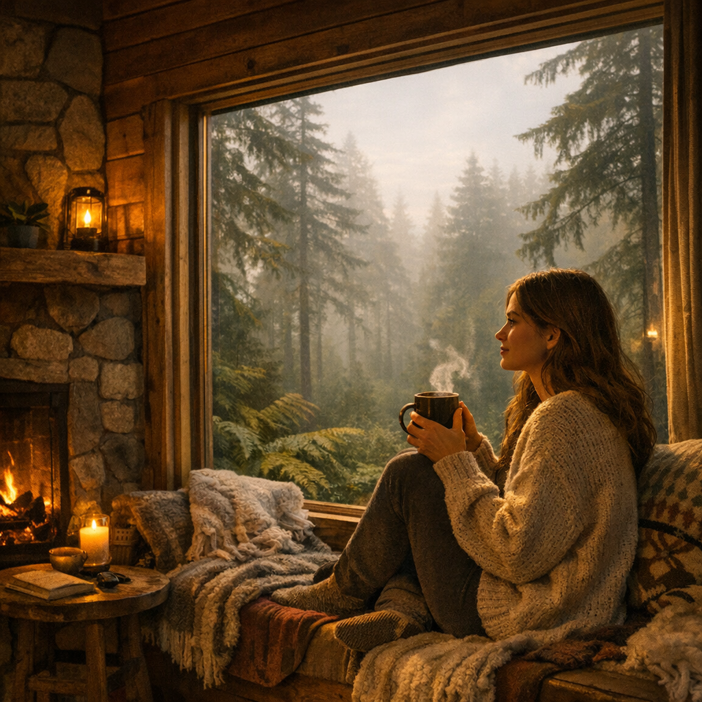Woman relaxing in cabin by window with forest view and coffee by fireplace