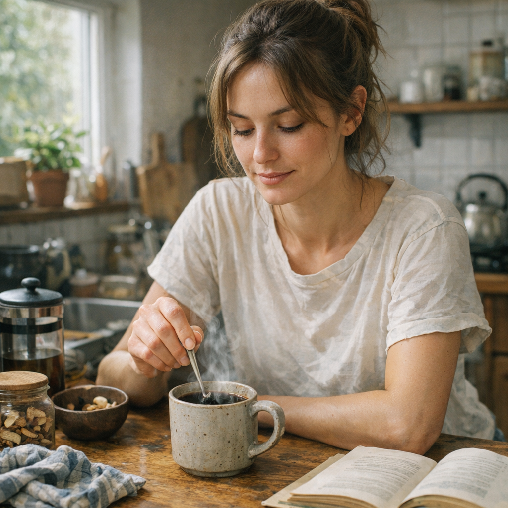 Woman stirring coffee at kitchen table with book open in peaceful morning