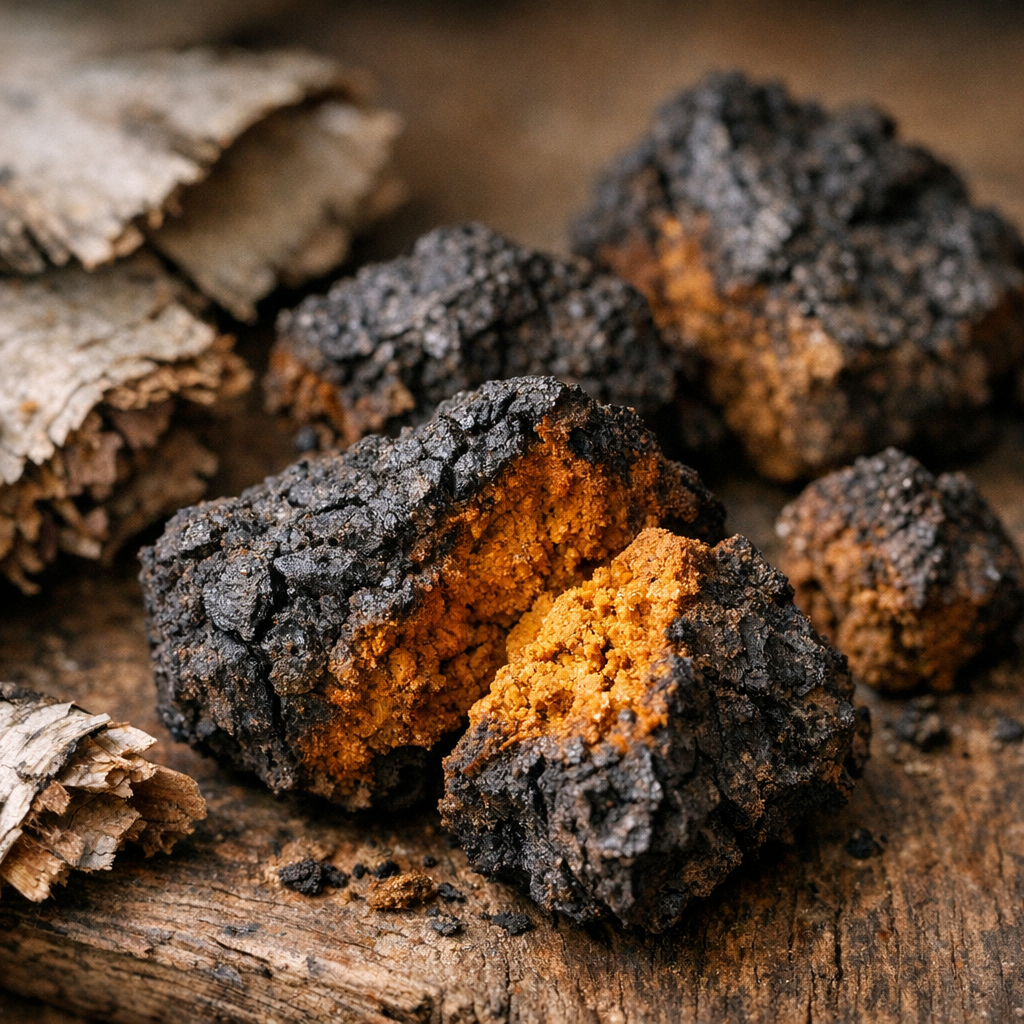 Chaga mushroom chunks on rustic wood surface