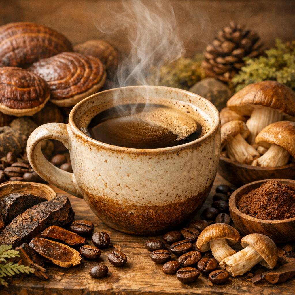 Mushroom coffee cup surrounded by Reishi, Lion's Mane, Shiitake, and Chaga mushrooms with coffee beans