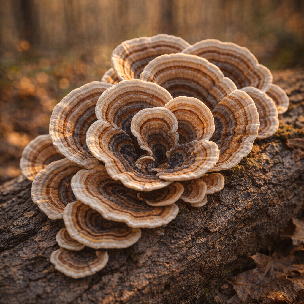 Turkey tail mushroom on log with autumn forest warm tones
