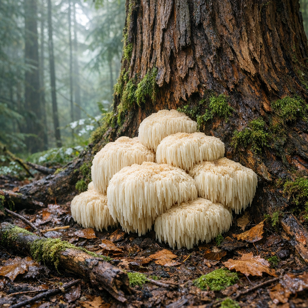 Wild lions mane mushroom cluster at tree base in misty forest