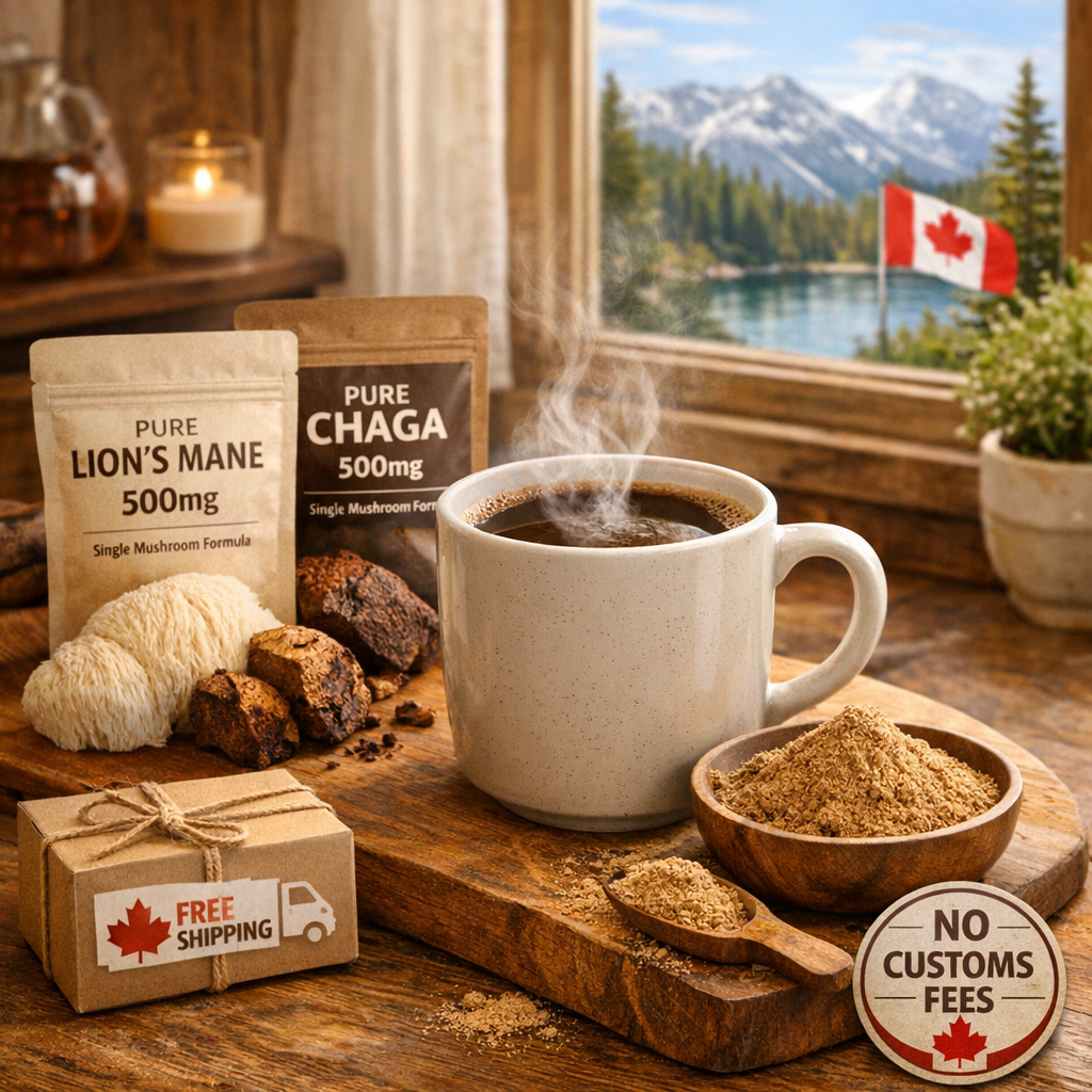 Lions mane chaga supplement bags with Canadian mountains and free shipping badge