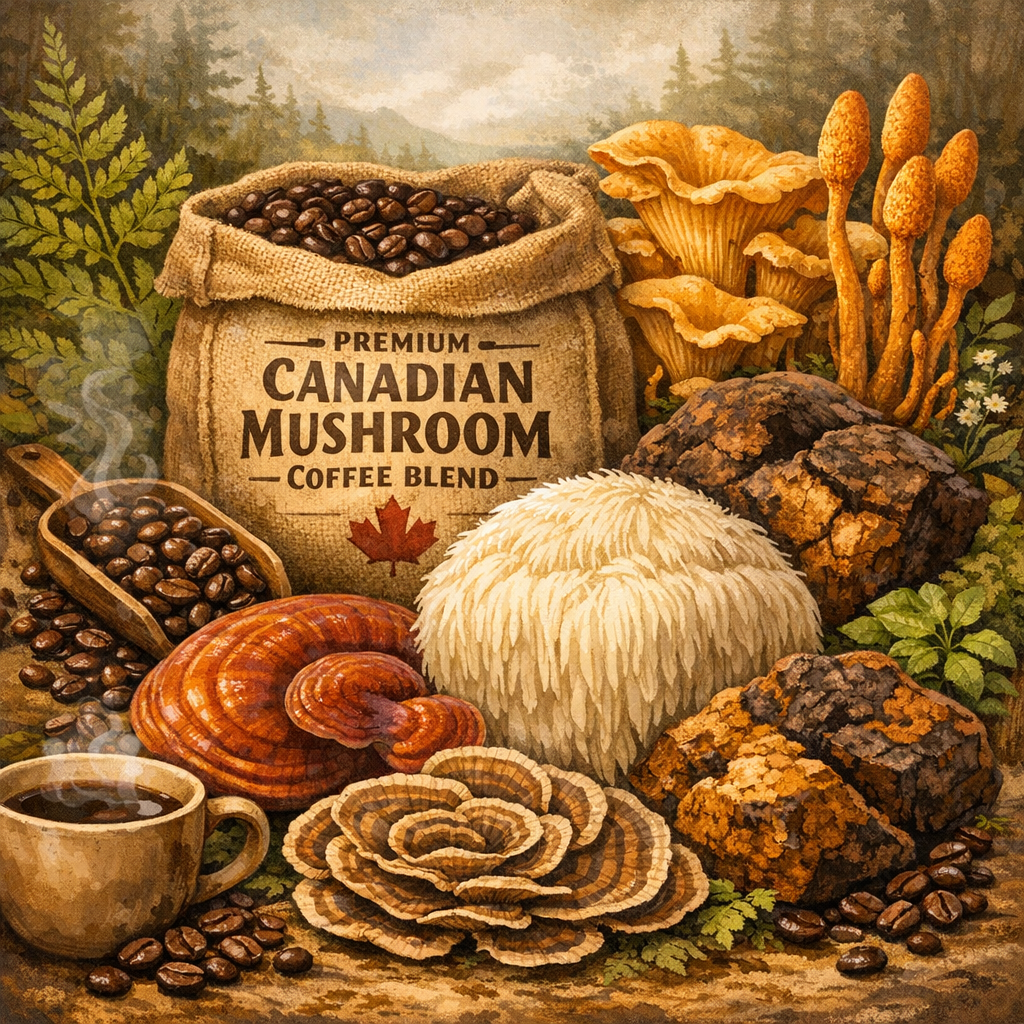 Premium Canadian mushroom coffee blend burlap bag with mushroom variety