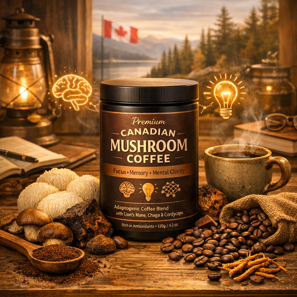 Premium Canadian mushroom coffee jar with lions mane and cordyceps for mental clarity