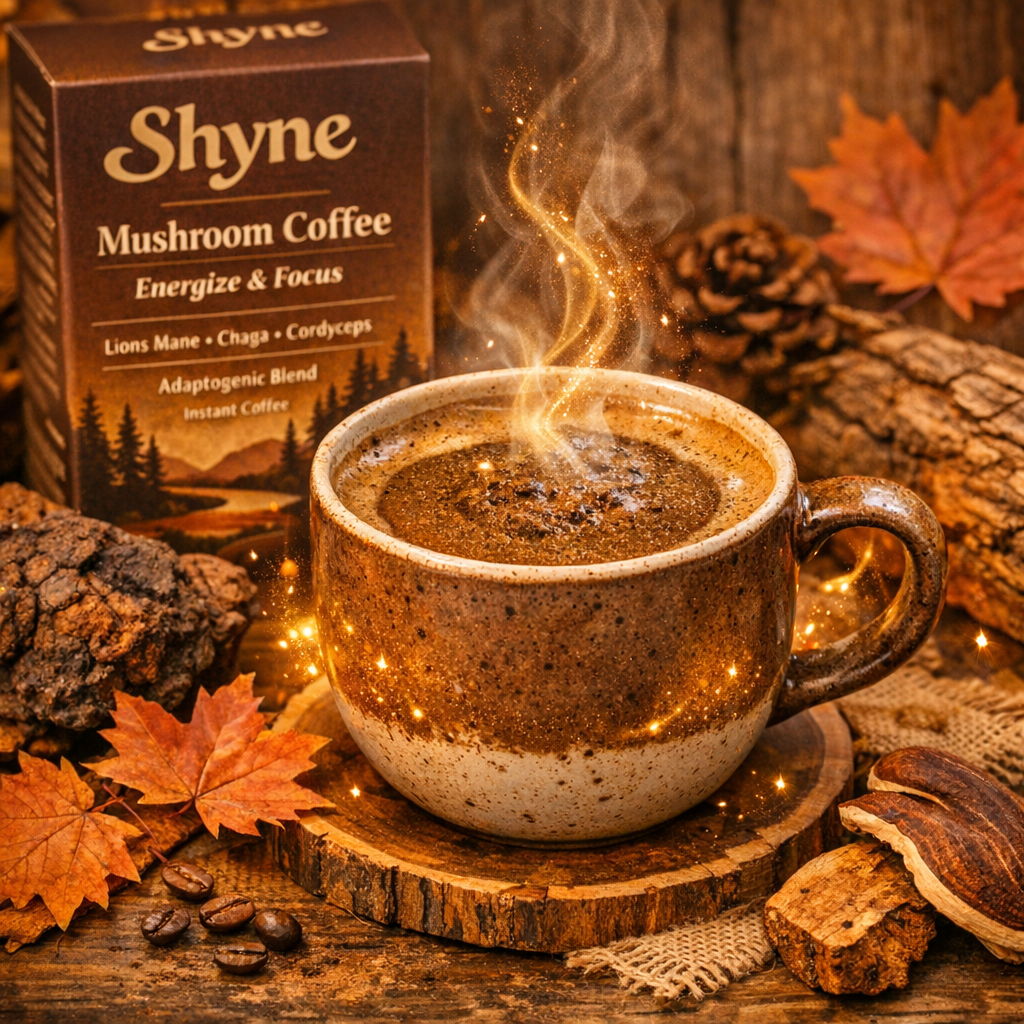 Shyne mushroom coffee box energize and focus with latte in autumn setting